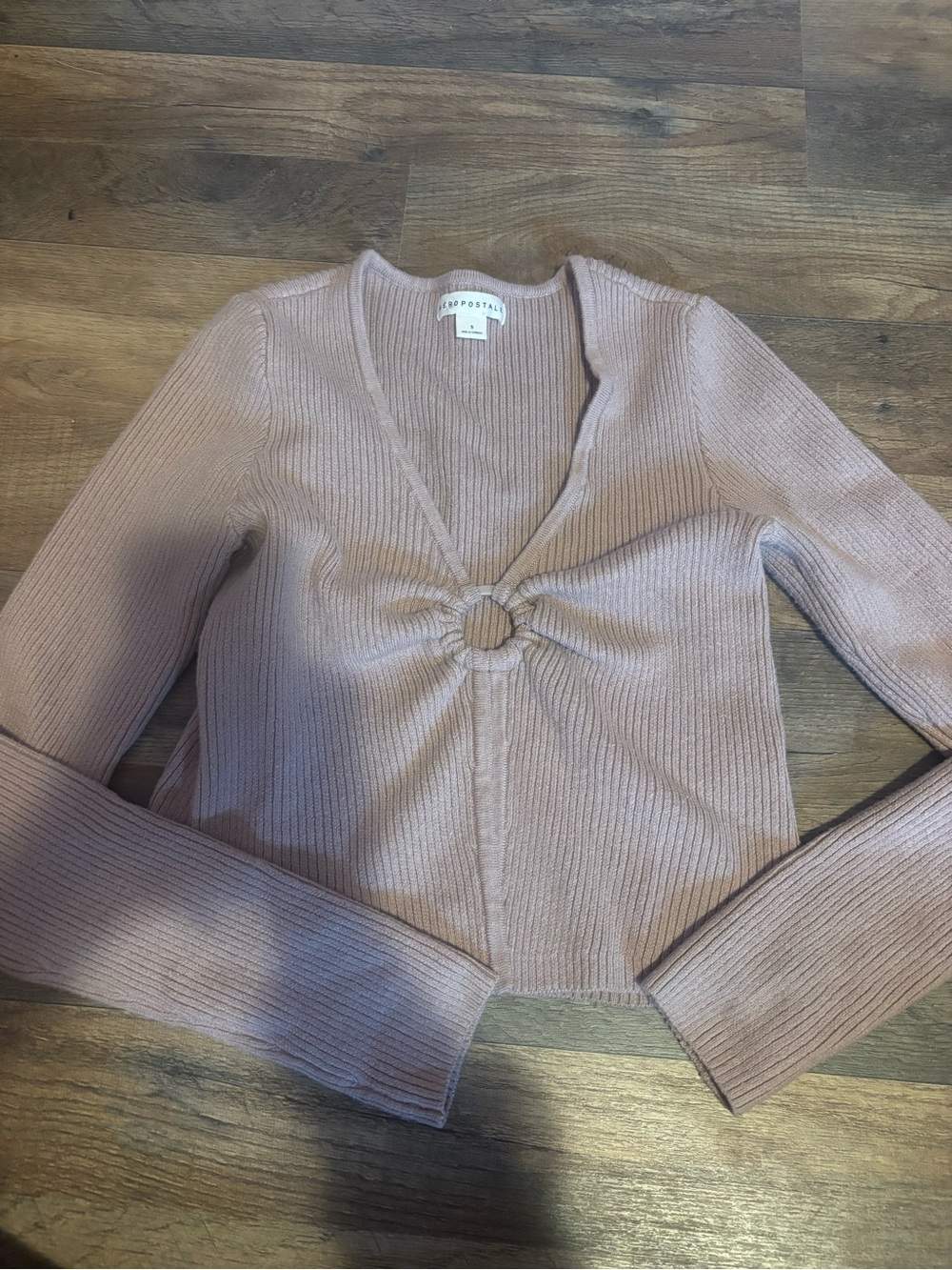 Aeropostale Women's Dusty Mauve Ribbed V-Neck Ring-Front Sweater